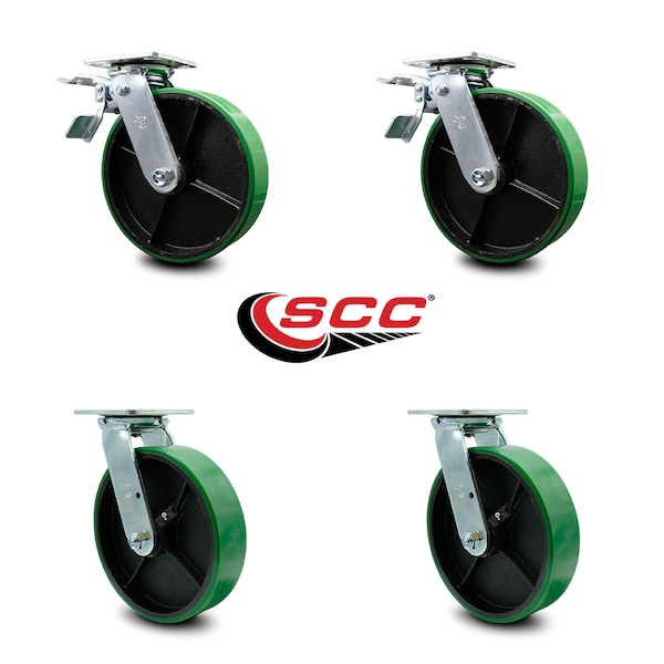 8 Inch Green Poly on Steel Caster Set with Ball Bearing 2 Total Lock Brake SCC